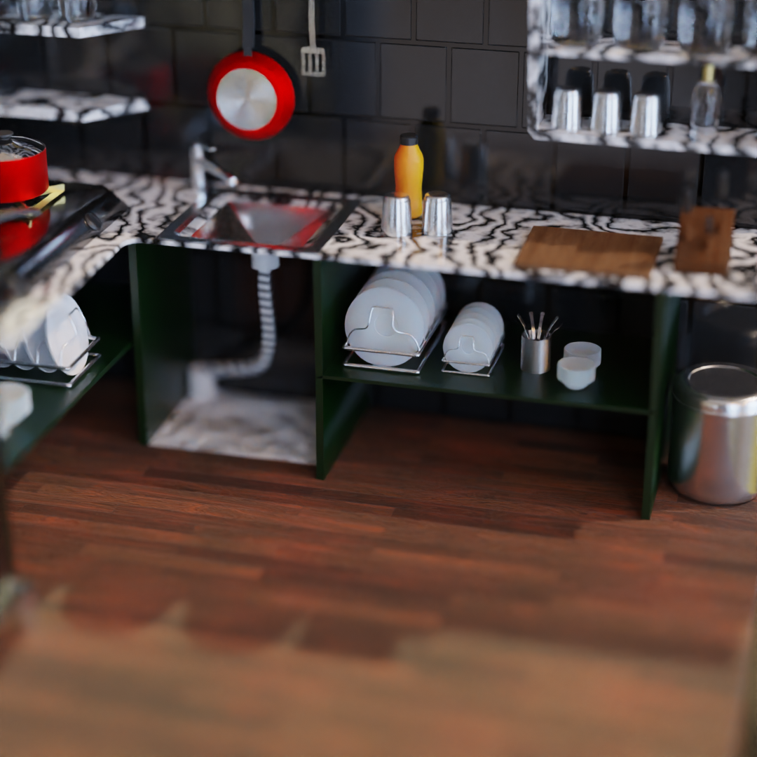 A 3D render of a miniature kitchen